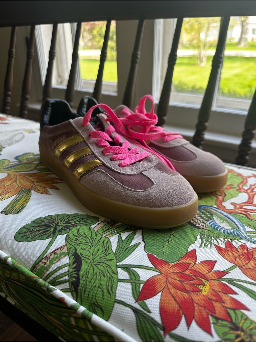 Gucci Pink Suede Sneakers with Gold Stripes and Hot Pink Laces
